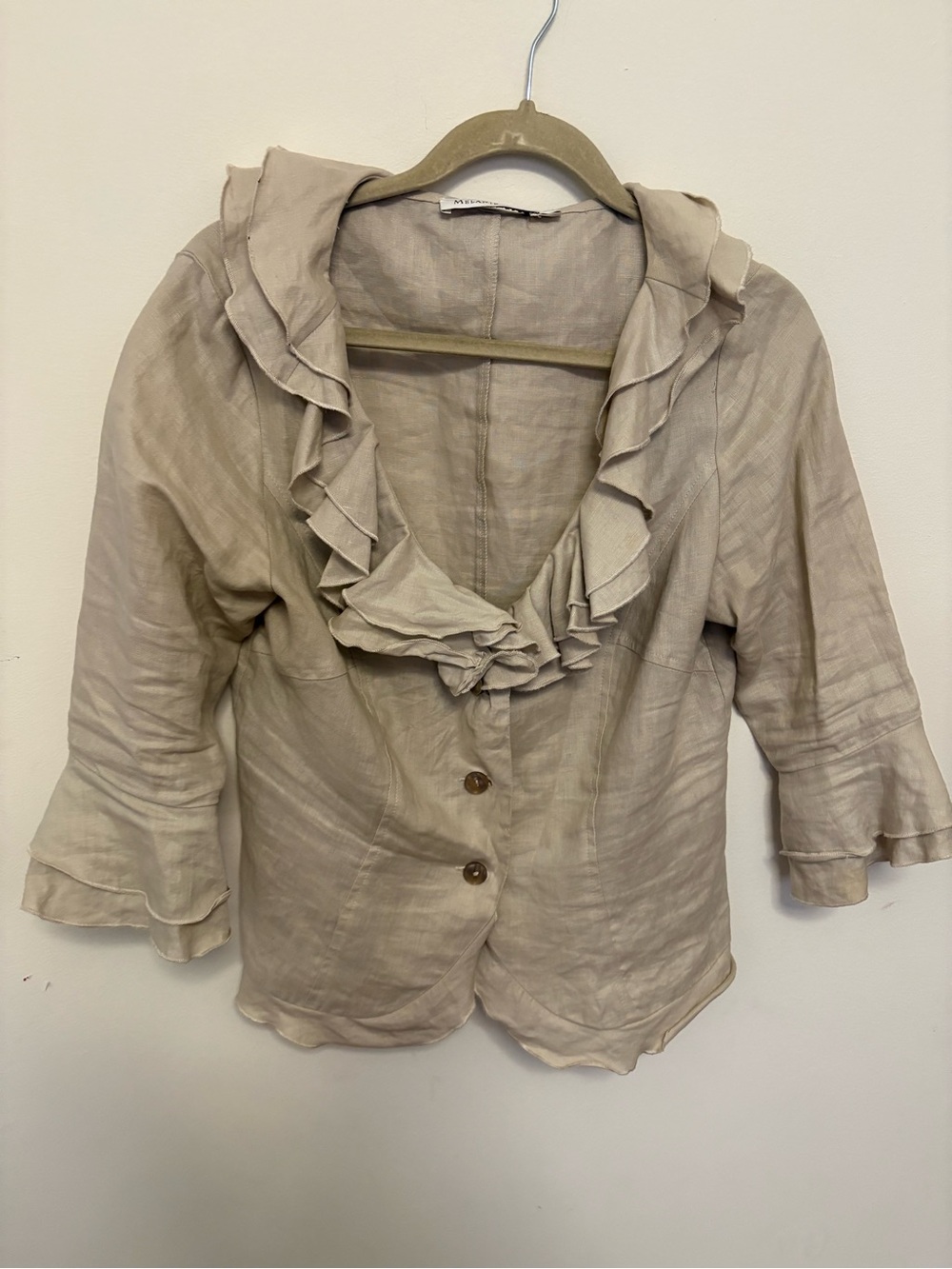 Melanie Lynn Sz 4 Blazer Jacket Beige 100% Linen Lined Ruffle 3/4 Sleeve